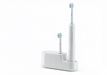 Electric toothbrush and spare head on charging base, isolated on white
