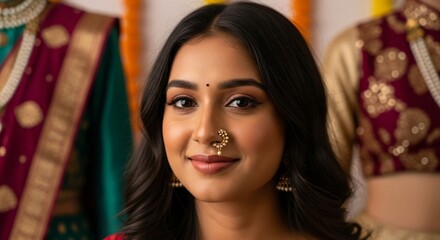 Fototapeta premium Close Up Portrait of a Young Woman Wearing a Traditional Gold Nose Pin, Softly Lit With Ethnic Attire in the Background