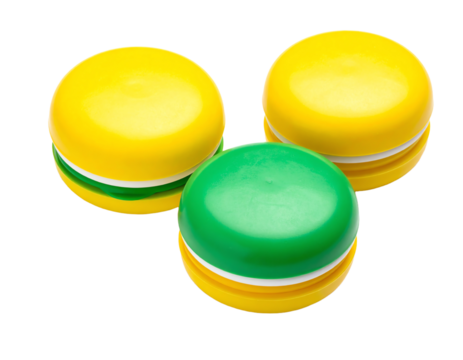 Toy plastic burgers on white background, isolate, close-up