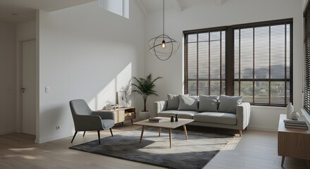 Modern living room with light grey sofa armchair coffee table and natural light streaming through blinds