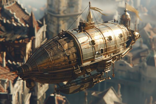 Highly detailed steampunk airship flying over a victorian cityscape, featuring intricate metallic framework and ornate design