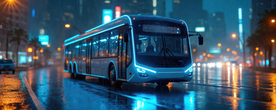 Electric bus drives in city at rainy night. Blue neon lights, reflections on wet road, futuristic cityscape, modern urban transport, eco friendly public vehicle.