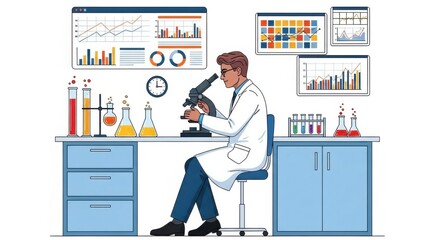 A scientist is working with a microscope isolated on white background
