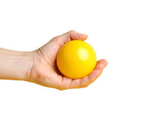 Hand squeeze yellow stress ball, isolated on transparent background