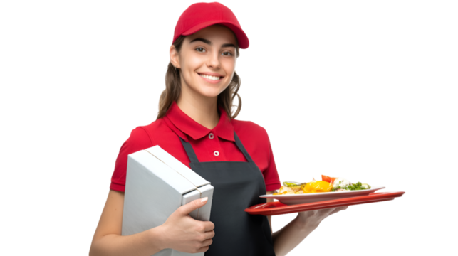 Portrait of a smiling delivery woman in red uniform holding a food tray and a white box package