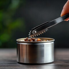 Tongs lifting food from metal can