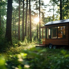 Tiny cabin in forest sunlight