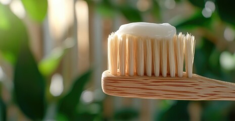 Toothbrush with toothpaste macro shot on bamboo brush and natural background