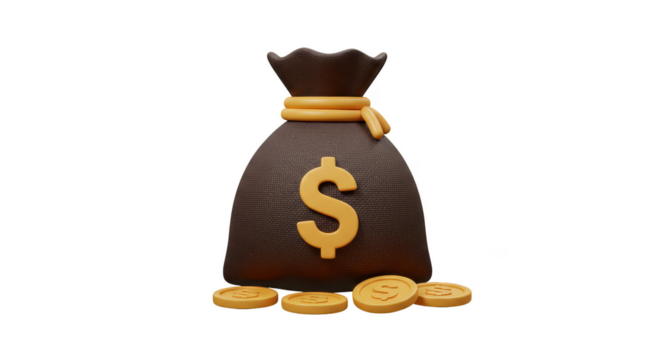 3D Rendering Money Bag with Coins Isolated Transparent Background