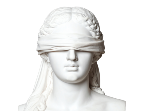 Closeup shot. Ancient marble bust statue of roman era woman blindfolded. Isolated on transparent background.