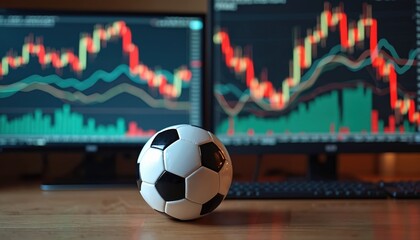 Soccer ball near stock charts on computer screens. Soccer betting concept with charts graphs. Football match prediction sports business concept. Online gambling financial trade.