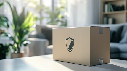 Secure cardboard box on a table in a living room.