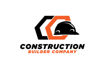 Initial CC letter logo design, Construction company featuring a hardhat and hexagon.