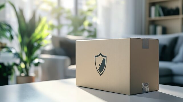 Secure cardboard box on a table in a living room. - Powered by Adobe