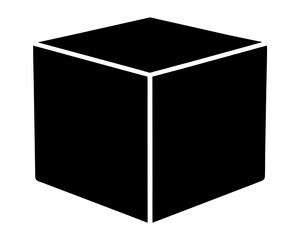 Solid black cube with white edges against a stark white background