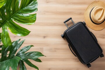 Travel suitcase and accessories on wooden surface