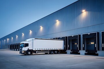 White semi trailer truck parked at a modern logistics warehouse loading dock at dusk