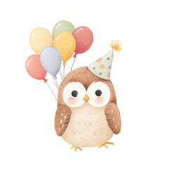 Cute Owl with Balloons Celebrating Birthday