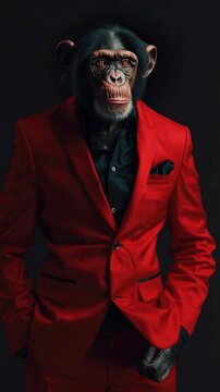A monkey in a suit and red shoes, looking sophisticated at an event.