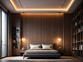 Luxurious modern bedroom with warm wood paneling and ambient lighting