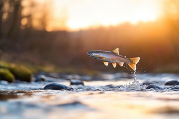 Trout jumping stream sunrise