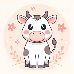 Naklejka premium Cute cartoon cow with pink flowers and leaves animal