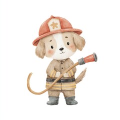 Cute Dog Firefighter Watercolor Illustration
