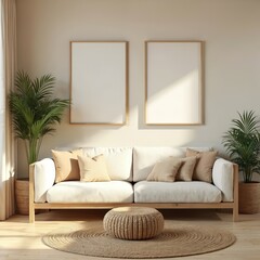 Scandinavian style living room interior. Beige sofa, wooden furniture, mock up poster frame on wall, plants, pillows. Cozy, minimalist home decor with wooden floor and natural materials.