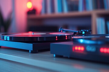 Turntable set on table at night