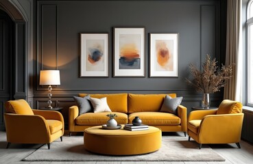 Luxurious living room with stylish yellow sofa and armchairs, framed art posters on gray wall. Modern interior decor with round coffee table and lamp. Home ambience.