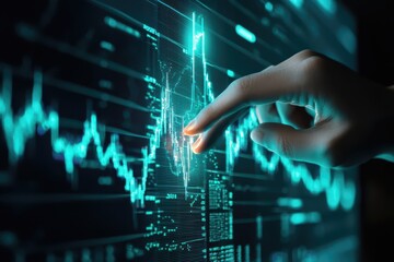 business glowing education concept. A hand interacts with a digital stock market graph displaying data trends in turquoise tones.