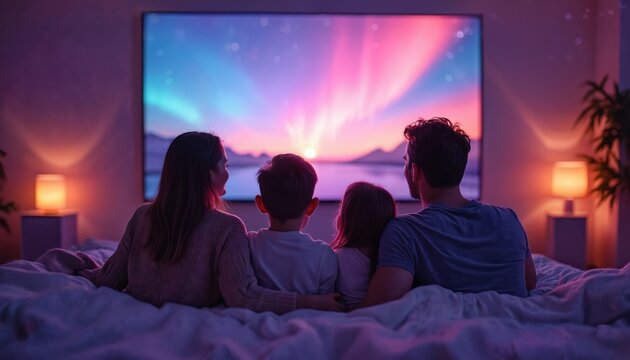 Family enjoys home theater with immersive lighting effects, creating cozy atmosphere. Together on bed watching TV with modern smart technology, cinema screen. Joyful parents, children relax during