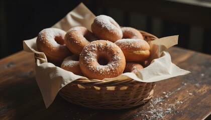A basket filled with doughnuts covered in powdered sugar on a wooden table