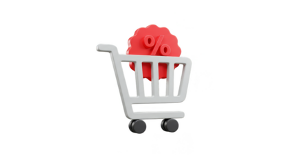 3d Shopping Cart with Red Discount Percentage Sign Transparent Background
