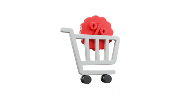 3d Shopping Cart with Red Discount Percentage Sign Transparent Background