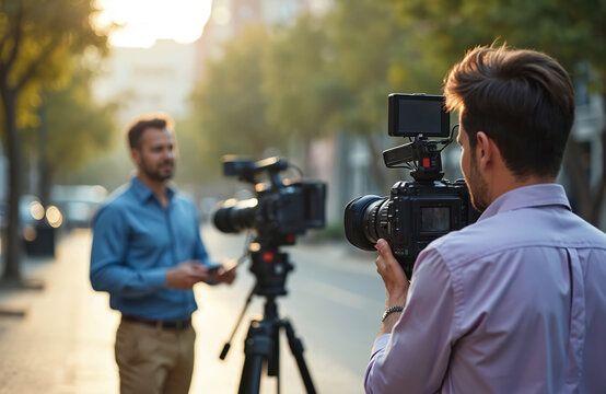 Cameraman films TV reporter outdoors on city street. Pro news reporter making report, cameraman working with camera on tripod. Journalism broadcasting process. Media news industry.