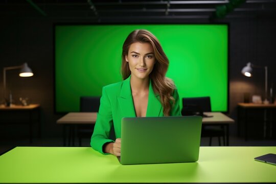 Female journalist reporting news in a modern studio with green screen backdrop, using laptop