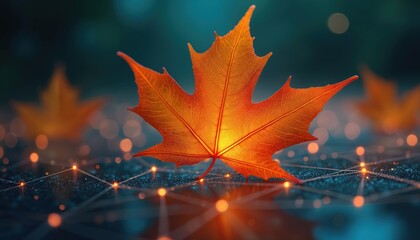 Glowing autumn leaf rests on digital network with illuminated connection points against dark background. Concept nature tech integration digital transformation. Fall foliage at night. Abstract