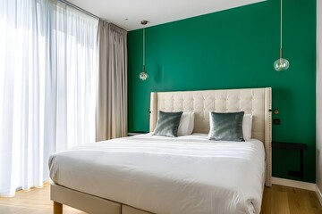 Luxurious bedroom with a plush tufted headboard and vibrant emerald green accent wall