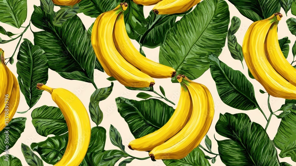 Poster bright seamless pattern featuring bananas and leaves with an upper empty zone for design flexibility