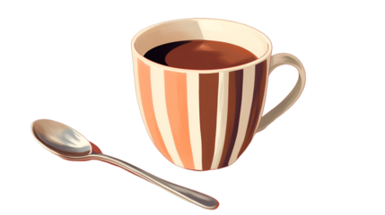 A striped mug filled with dark liquid and a spoon on a transparent background illustration style