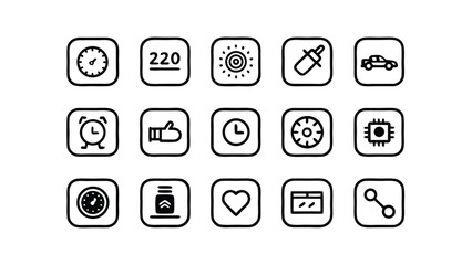 Set of Minimalist Line Icons in Rounded Squares on White Background