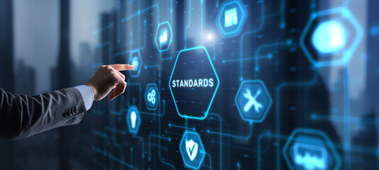 Businessman clicks Standards Quality assurance and control concept
