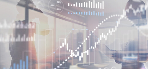 Financial histograms against the backdrop of offices. 2025 Finance background
