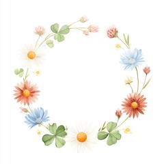 Obraz premium Watercolor Floral Wreath with Daisies, Clover, and Cornflowers