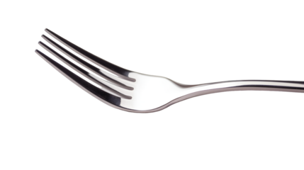 A close up view of a shiny silver fork on a transparent background with good lighting and reflections