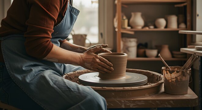 A woman crafts a clay pot on a pottery wheel in a workshop.