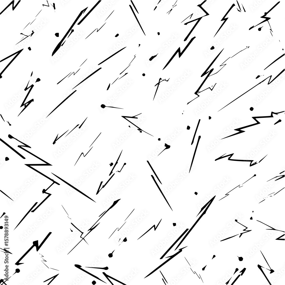 Poster abstract seamless pattern featuring black lines, zigzags, and dots on a white background creating dy