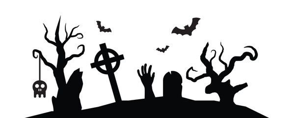 Scary Halloween Graveyard Silhouettes of Trees Zombie Hand Crosses. International autumn holiday celebration concept vector art