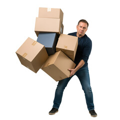 Adult Man Carrying Stack of Cardboard Boxes with Transparent Background